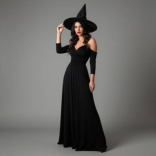 Photograph of a woman with long dark hair, wearing a black off-shoulder gown and witch hat, standing against a gray background.