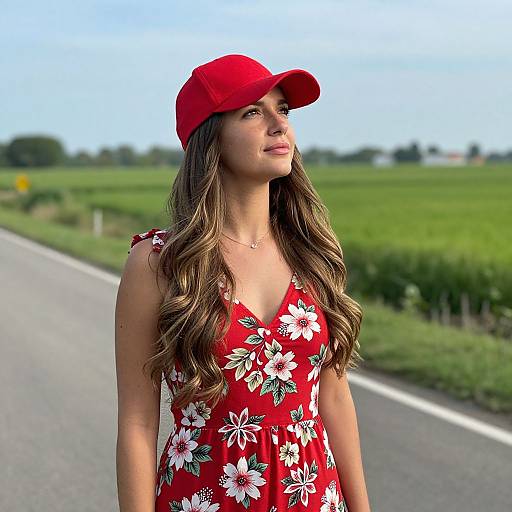 Photograph of a young woman with long, wavy brown hair, wearing a red floral dress and red cap, standing on a rural road with lush
