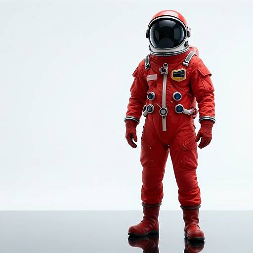 Astronaut in Red Suit on Reflective Surface