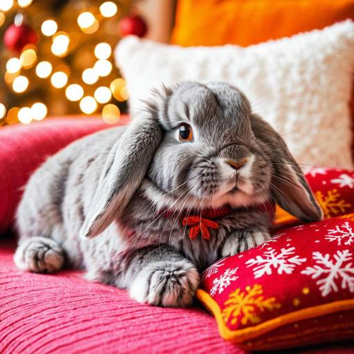 Gray Bunny with Festive Red Mittens on Pink Cushion