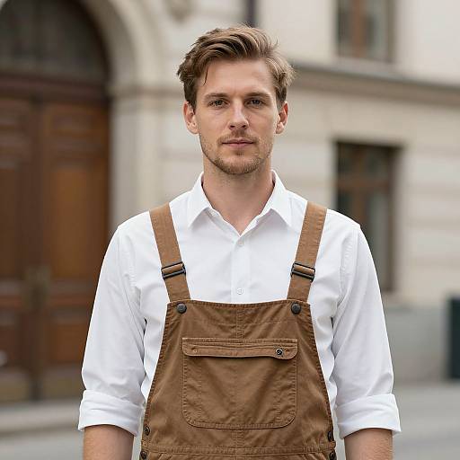 Man in Brown Overalls by Building