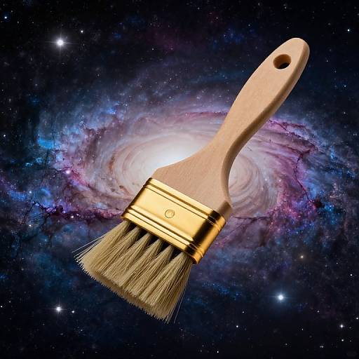 Photograph of a wooden paintbrush with golden ferrule and bristles, floating against a vibrant, swirling galaxy background in space.