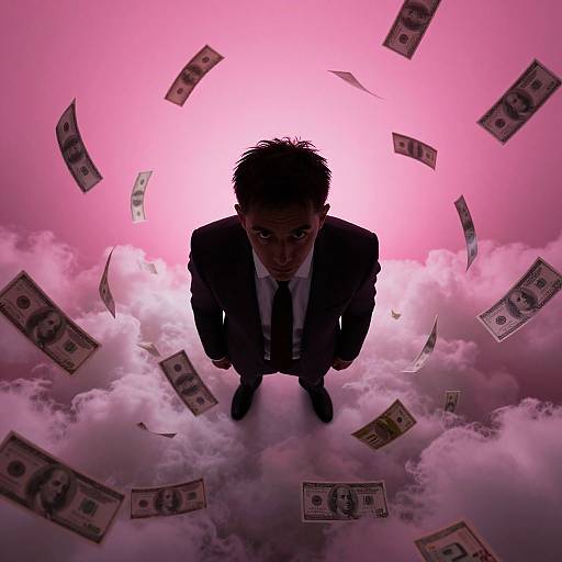 Photograph of a black-haired man in a suit standing on a cloud, surrounded by falling money, against a pink and purple sky.