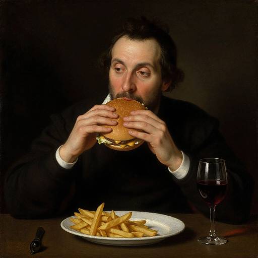 16th Century Style Man Eating Cheeseburger