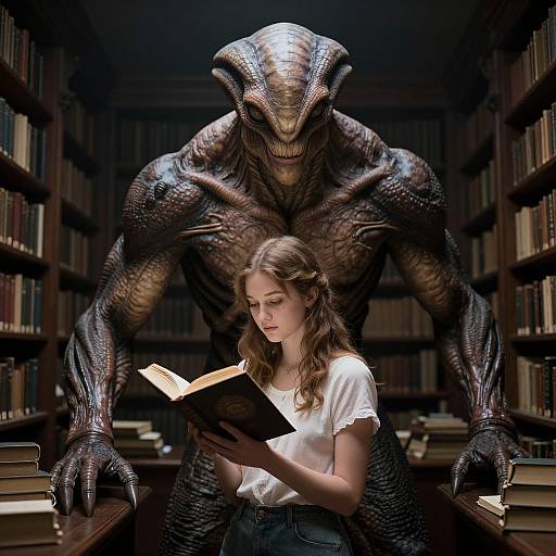 Photorealistic CGI: A young woman with wavy brown hair reads a book in a dimly lit library, a towering, muscular, scaly