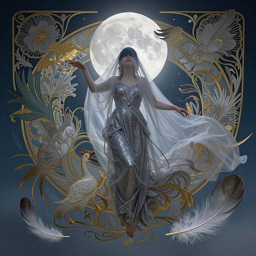 Digital artwork of a silver-clad woman with flowing veil, surrounded by golden and white floral patterns, and birds, under a full moon.
