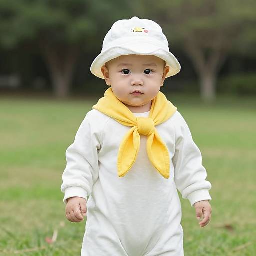 Baby in White Outfit with Yellow Scarf