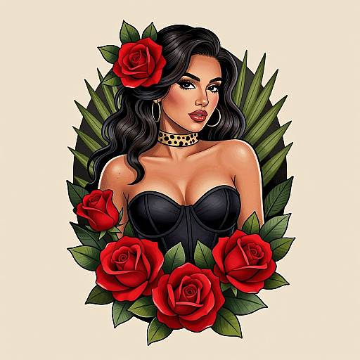 Digital comic-style portrait of a dark-haired woman with red roses and green leaves, wearing a black strapless corset and a spiked choker.