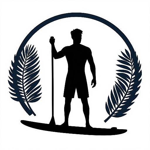 Silhouette of a hiker with a walking stick, flanked by laurel leaves, within a circular frame. Black and white.