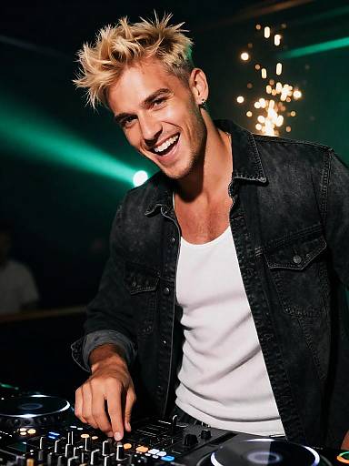 Close-Up Spiky Blond DJ in Neon Club