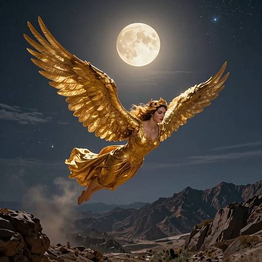 Golden-winged angel with flowing dress, soaring under full moon, over mountainous landscape at night. Starry sky enhances celestial beauty. Photorealistic