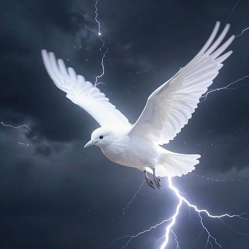 Photograph of a luminous white dove with outstretched wings, illuminated by bright lightning against a dark, stormy sky.