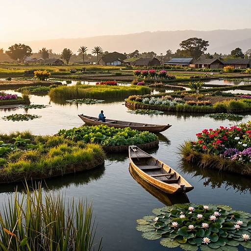 Photograph of tranquil, colorful rice paddy at sunset, featuring two wooden boats with paddlers, lily pads, and vibrant flowers. Houses and