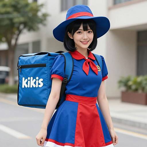Photograph of an Asian woman cosplaying as a blue and red Kiki's Delivery Service character, smiling, carrying a blue Kikis backpack,