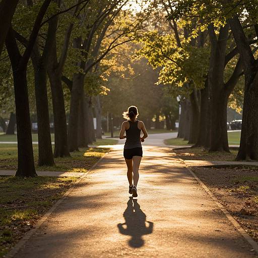 Photograph of a woman jogging on a sunlit, tree-lined path, casting a long shadow, with golden sunlight filtering through leaves.