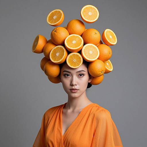 Photograph of an Asian woman with fair skin wearing an orange dress, head adorned with a balancing arrangement of whole and halved oranges against a gray background