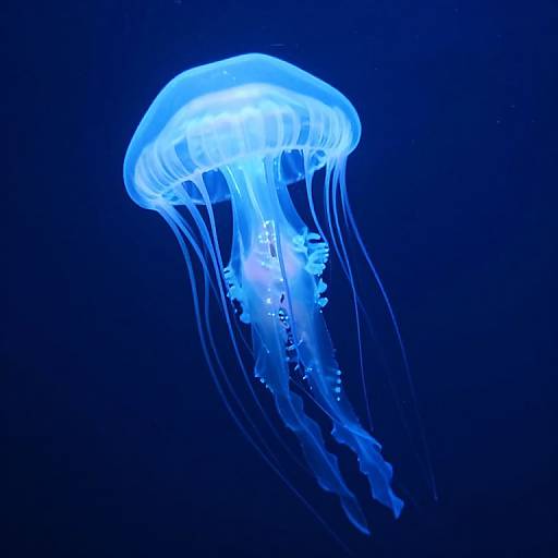 Photograph of a glowing blue jellyfish with translucent tentacles against a dark blue background, showcasing its ethereal, bioluminescent appearance.
