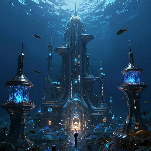 Cyberpunk underwater cityscape: towering, glowing blue structures, illuminated fish, and a lone silhouette walking toward a bright entrance. Digital art.
