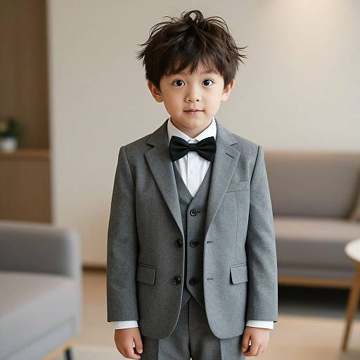 Photograph of a young Asian boy with dark, tousled hair, wearing a gray three-piece suit, black bow tie, and white shirt, standing