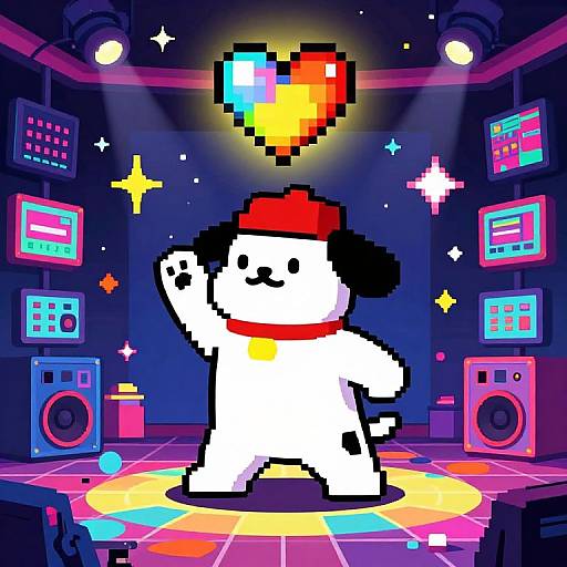 Pixel art of a dancing dog with a red hat and collar, surrounded by neon lights, speakers, and a glowing heart in a vibrant, colorful nightclub