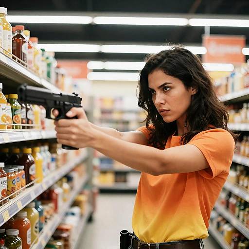 Intense Woman Aiming in Supermarket