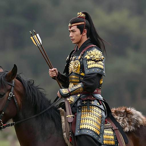 Asian Warrior on Horseback in Ornate Armor