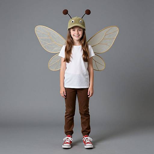 Photograph of a smiling young girl in a white t-shirt, brown pants, red sneakers, green bug hat with antennae, and transparent fairy wings