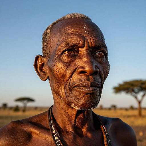Photograph of an elderly, dark-skinned African man with short gray hair, wrinkled face, and a single scar above his right eyebrow, wearing