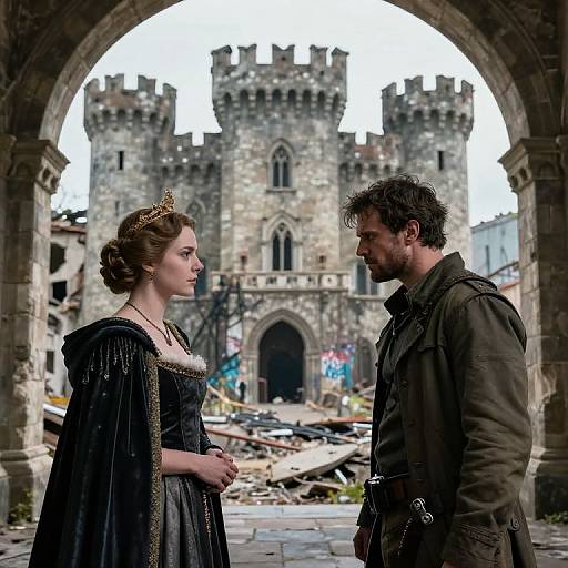 Photograph of a medieval scene: a fair-skinned, brunette woman in a black gown and tiara faces a bearded, dark-haired man in
