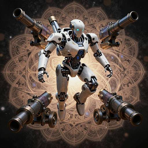 Digital artwork of a white, glowing, robotic warrior with four large cannons, standing on a detailed, mandala-like, glowing background in space.