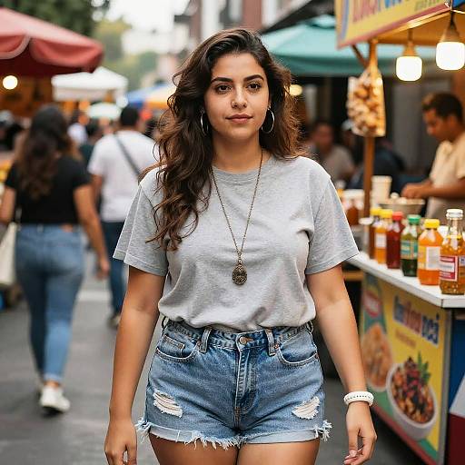 Photograph of a young woman with long, wavy brown hair, wearing a gray t-shirt, distressed denim shorts, and a necklace, standing in