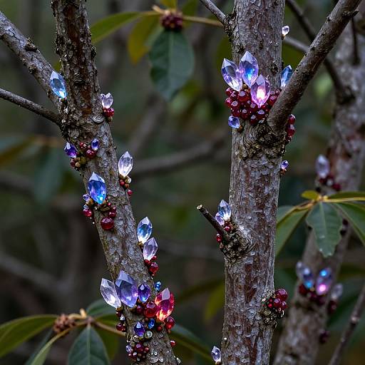 Photograph of tree branches adorned with sparkling blue, red, and clear crystals, surrounded by dark green leaves in a forest.