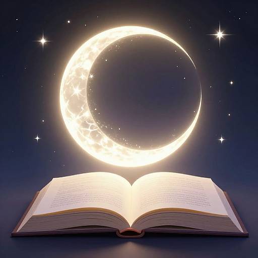Photograph-style digital art of an open book with glowing pages beneath a luminous crescent moon in a starry night sky.