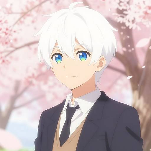 Digital anime-style drawing of a young boy with white hair and blue eyes, wearing a black suit, white shirt, and beige vest, against a blurred