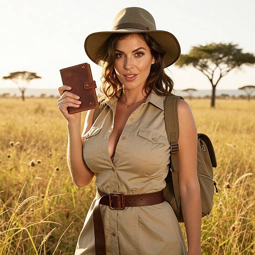 Photograph of a smiling woman with wavy brown hair, wearing a khaki safari outfit, hat, and backpack, holding a brown leather book,