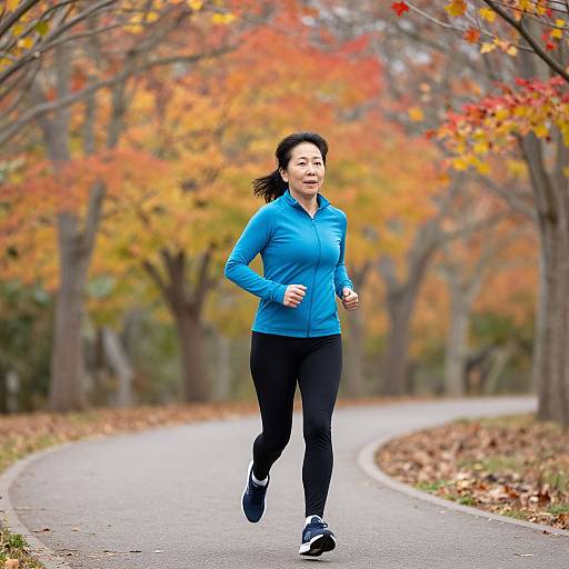 Energetic Asian Woman Jogging in Autumn