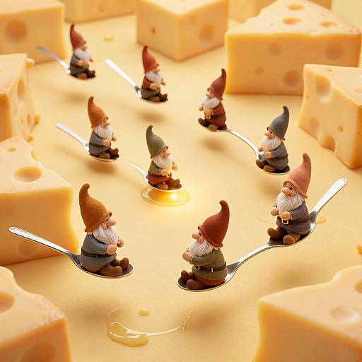 Photograph of tiny gnome figurines with brown hats and white beards, seated on silver forks, surrounded by melted cheese and large cheese cubes, with