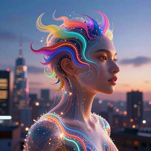 Digital art of a glowing, rainbow-haired woman with bioluminescent patterns, against a twilight cityscape. Her face is serene, neon waves flow