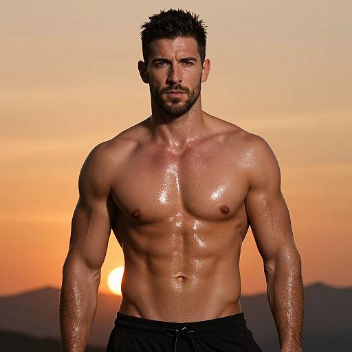 Photograph of a muscular, shirtless man with slick, glistening skin, standing in front of a vibrant sunset, wearing black pants.