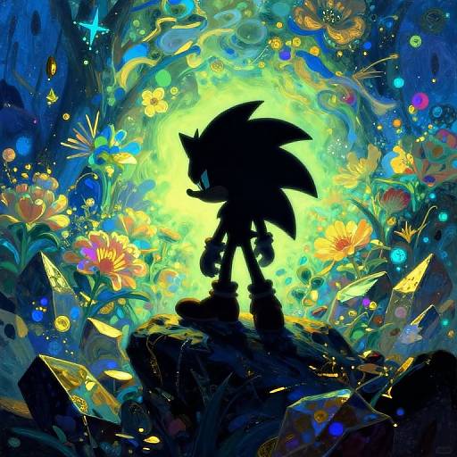Vibrant digital artwork of silhouetted Sonic the Hedgehog standing amidst glowing yellow light, surrounded by colorful flowers, sparkling crystals, and blue