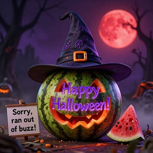 Photorealistic CGI of a glowing jack-o'-lantern watermelon with 