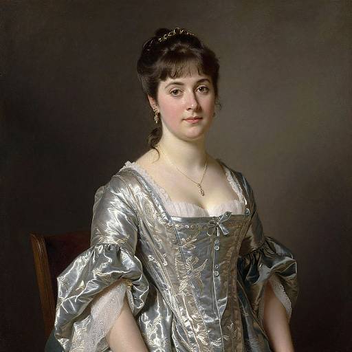 Photorealistic painting of a young Caucasian woman with fair skin and dark hair, wearing a silver, brocade dress with lace trim, standing against a