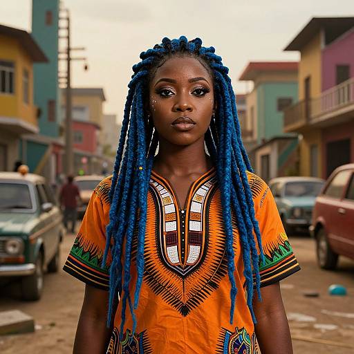 Photograph of a confident Black woman with blue dreadlocks, wearing an orange and black patterned traditional African shirt, standing on a colorful, urban street