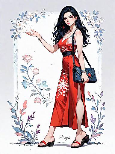 Stylish Woman in Red Maxi Dress with Shoulder Bag