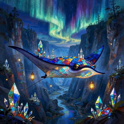 Colossal Stained-Glass Manta Ray Over Crystalline Canyon