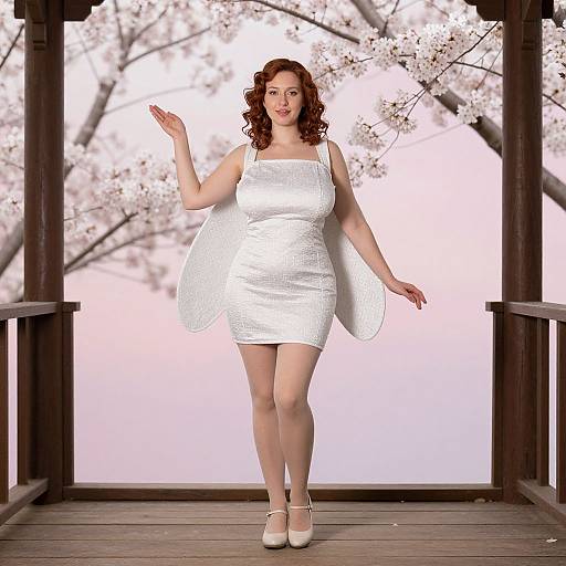 Photograph of a red-haired woman in a white, textured dress and white heels, standing on a wooden bridge with cherry blossom trees in the background.