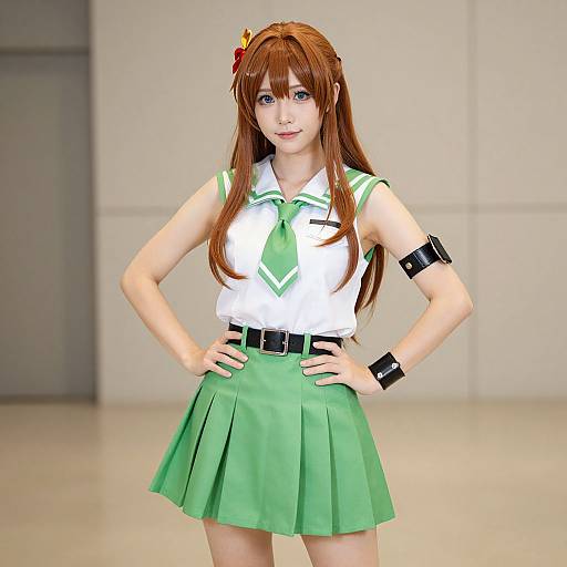 CGI anime-style girl with long red hair, green skirt, white shirt, black armbands, and hairpin, standing confidently with hands on