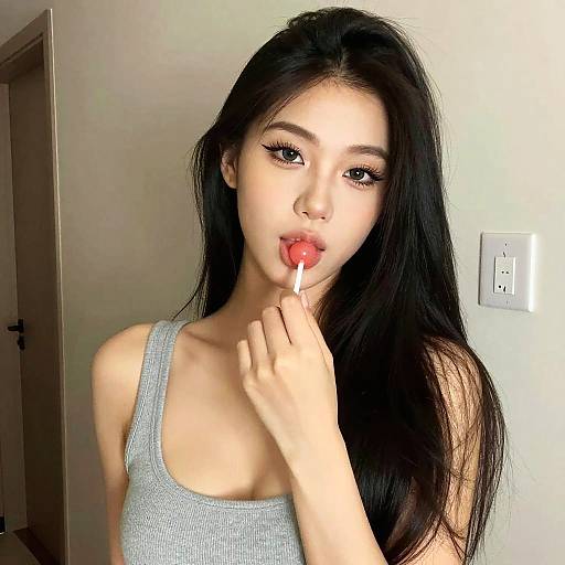 Photograph of an Asian woman with long black hair, wearing a gray tank top, licking a red lollipop, indoors, white wall background.