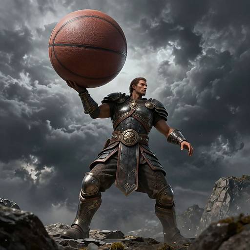 Digital artwork of a muscular gladiator in dark armor holding a basketball, standing on rocky terrain with a stormy sky.