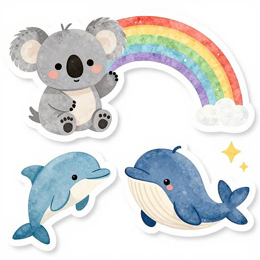 Cute watercolor illustration of a gray koala, two blue dolphins, and a colorful rainbow on a white background.